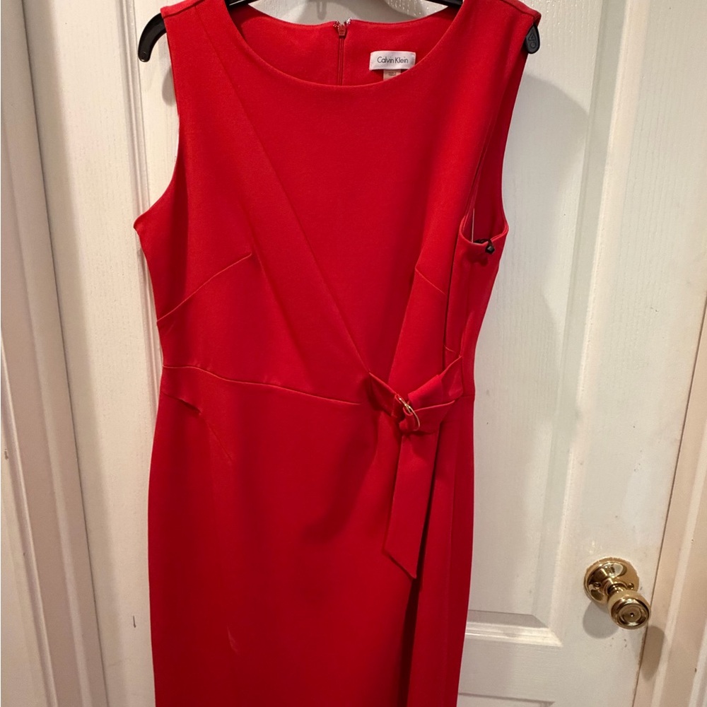 Calvin Klein Bright Red Sleeveless Midi Sheath Dress with Side Tie
